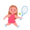 Cute baby girl playing tennis with raquet. Doing sports healthy life. Daily routine.