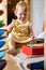 Cute baby girl playing wooden childish xylophone ecology toys Maria Montessori materials