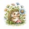 Cute baby hedgehog sitting on grass surrounded by flowers