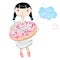 Cute baby holding big donut with pink icing and sprinkles. Little Chinese girl. Cartoon style