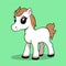 Cute baby horse cartoon on green background. Adorable pony smiling with big eyes. Playful foal, farm animals for kids