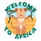 Cute baby hugging lion, cartoon drawn smile animal, on safari africa background, welcome to africa slogan, vector