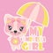 Cute baby kitten as umbrella girl cartoon illustration for baby shower card design