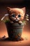 Cute baby kitten coming out of green pot. Illustration of small kitten sitting in a pot with a flowers