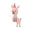 Cute baby llama in party hat holding gift box. Alpaca character domesticated animal. Childish print for sticker, card