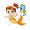 Cute baby mermaid and little seahorse vector cartoon illustration