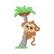 Cute baby monkey climbing on palm tree, kawaii cartoon vector illustration.