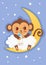Cute Baby Monkey On The Moon Holding A Bottle Of Milk. Cartoon Vector Card.