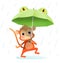 Cute Baby Monkey with Umbrella under the Rain
