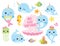 Cute Baby Narwhal or Whale Unicorn with Other Sea Animals