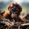 A cute baby orangutan sitting on a deforested ground. Lost his home. Loss of wildlife habitats. Extinction of species. Save