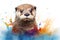 Cute Baby Otter Portrait in Vibrant Minimalist Studio. Generative AI illustration