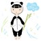 Cute baby in panda costume holding bamboo. Little chinese girl in overalls. Cartoon style