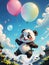 Cute baby panda flying with a balloon. Adorable baby panda soaring with a balloon.