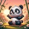 A cute baby panda in funny yoga pose, with vintage sunset, at beautiful bamboo forest, wildflower, cartoon, digital art