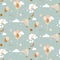 Cute baby pattern with balloons, clouds and rockets seamless vector pattern background neutral calm nursery colors.