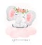 Cute baby pink elephant sitting on soft cloud cartoon watercolor hand drawn illustration vector