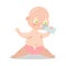 Cute baby in pink underpants sitting and drinking milk from a bottle with raised hands. Vector illustration in flat