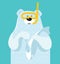 Cute baby polar bear in diving mask and fish on blue background, design for logo, poster, card. Childrens animal
