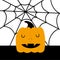 Cute baby pumpkin on the background of a black spider web. Simple vector illustration in linear and flat style