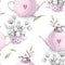 Cute baby rabbit animal with flower in pink teapot ahd cup seamless pattern, illustration for children clothing.  Hand drawn water