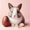 Cute baby rabbit standing next to chocolate Easter egg, with pale pink background