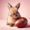 Cute baby rabbit standing next to chocolate Easter egg, with pale pink background