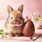 Cute baby rabbit standing next to chocolate Easter egg, with pale pink background