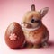 Cute baby rabbit standing next to chocolate Easter egg, with pale pink background