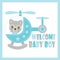 Cute baby raccoon flies with helicopter cartoon illustration for baby shower card design