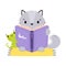 Cute baby raccoon reading book. Funny smart wild animal character sitting with book cartoon  illustration
