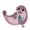 Cute baby seal holding fish to eat, happy aquatic animal character, wild or zoo walrus