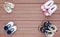 Cute baby shoes on wood plank, Little shoe on wood floor with copy space, Top view