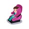 Cute baby sitting on a pink car seat wearing seat belt