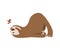 Cute baby sloth lies and looks at the bird. Adorable cartoon animal. Funny cartoon sloth sleeping with full belly. Cute