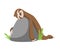 Cute baby sloth lies on a stone. Vector funny sloth illustration for summer design. Adorable cartoon animal. Funny
