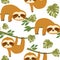 Cute Baby Sloth Seamless Pattern, Cute Animal Surface Pattern, Sloths Vector Repeat Pattern for Home Decor, Textile Design, Fabric