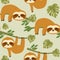 Cute Baby Sloth Seamless Pattern, Cute Animal Surface Pattern, Sloths Vector Repeat Pattern for Home Decor, Textile Design, Fabric