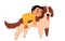 Cute baby and St Bernard dog, happy little child lying on friendly big domestic animal