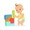 Cute baby standing and playing with toy blocks, colorful cartoon character vector Illustration