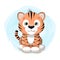 Cute baby tiger sits on a background of pastel sky. Animal stickers.