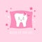 Cute baby tooth emoji lost and sleep on pillow waiting for tooth fairy and stars around.
