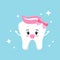 Cute baby tooth girl with pink dummy and bow vector icon isolated on background.