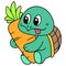 Cute baby turtle hugging big carrot wants to eat it, doodle icon image kawaii