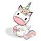 Cute baby unicorn with bright flowers and horn