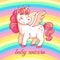 Cute baby unicorn. cartoon fairy magic pony on rainbow. Funny horse girlish t-shirt or sticker vector design