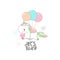 Cute Baby Unicorn Fly on Balloon Dream Card Design. Magic Fantasy Pony Character Holding Gift Box Birthday Banner Can be