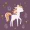 Cute baby unicorn with gold mane surrounded by gold stars and crystals