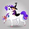 Cute baby witch girl riding beautiful magical unicorn on white background