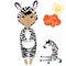 Cute baby in zebra costume and toy zebra. Little girl in overalls. Cartoon style